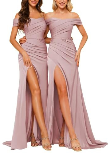 YIANN Robe de bal en satin à épaules dénudées pour femme avec fente 2024 - Robe de demoiselle d'honneur longue robe de soirée, vieux rose, 44