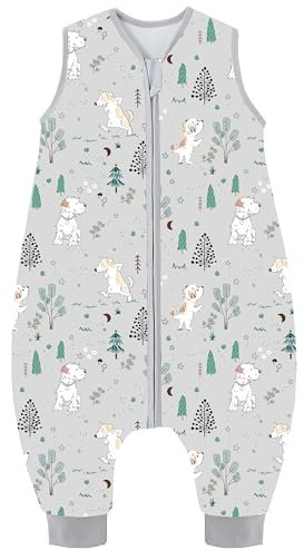 Chilsuessy Baby Schlafsack mit Füße 1.5 Tog Ganzjahres Schlafsack Baby Schlafsäcke ohne Ärmeln Babyschlafsack mit Beinen für Säugling Kinder, 1.5 Tog/Grau Welpe, 80cm/Baby Höhe 90-100cm
