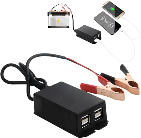 12v to Usb DC Converter with 4 USB Port Battery Clip Charger Charging Crocodile Clips Connector Alligator Clamp Extension Cable 12V to 24V Phone Camera Campers Vans Cars Boats Battery