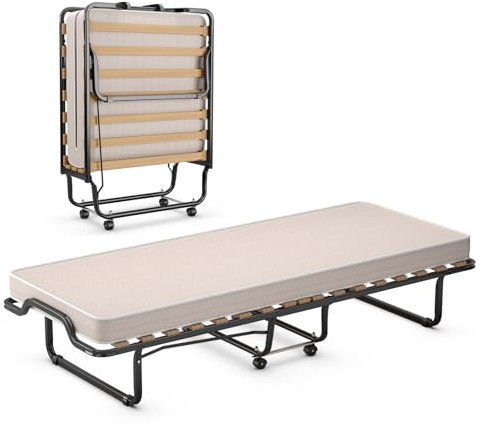 GOPLUS Gästebett 80×200cm, Klappbett mit Metallgestell & Memoryschaum-Matratze, Einzelbett mit 4 Universalrädern für Büro, Schlafzimmer & Wohnzimmer (Beige, 80×200 cm)