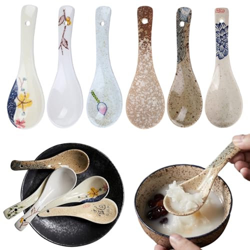 Counius 6 Piezas Cucharas De Sopa Chinas De Cerámica - Juego De Vajilla Asiática Para Ramen