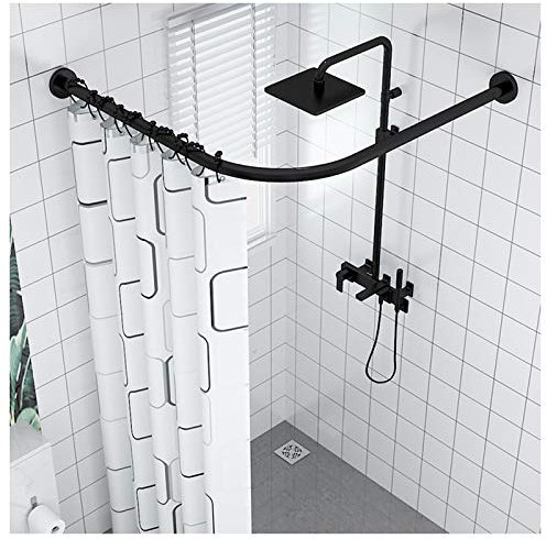 Tringle à rideau de douche d'angle incurvée en forme de L extensible pour baignoires avec rideau de douche et crochets Noir (70 - 95 cm x 105 cm - 165 cm)