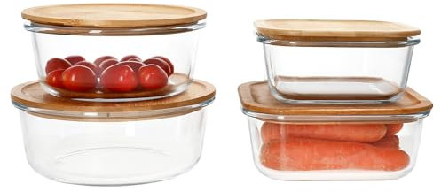 Ritzenhoff & Breker Esperanza Lot de 4 boîtes de conservation en verre avec couvercle en bois I Ronds 1,25 l & 1 x 900 ml + carré 1 x 1,1 l et 1 x 750 ml I Couvercle en bambou avec bol en verre I