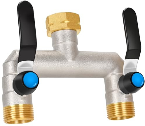 OPERMAXER Distribuidor de 2 vías [gran flujo], grifo de 3/4 pulgadas, distribuidor de agua de latón niquelado, mango de acero inoxidable 304, salida más grande para un riego más eficiente del jardín