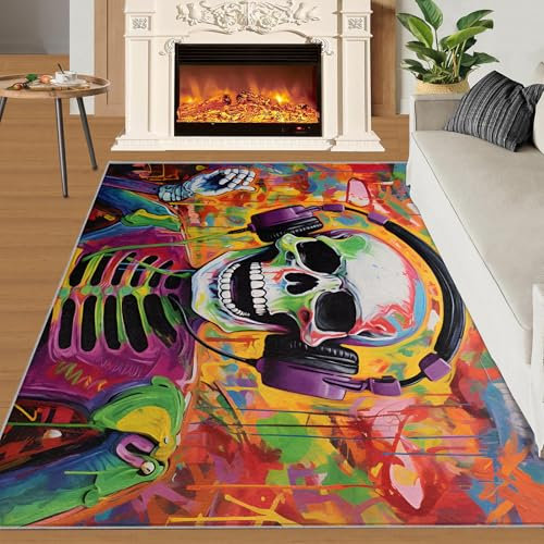 SANSJI Großer Teppich mit musikalischem Totenkopf-Motiv, für Wohnzimmer, 500 x 730 cm, rutschfester und waschbarer Teppich, moderner Punkrock-Teppich, für Schlafzimmer, Innenausstattung