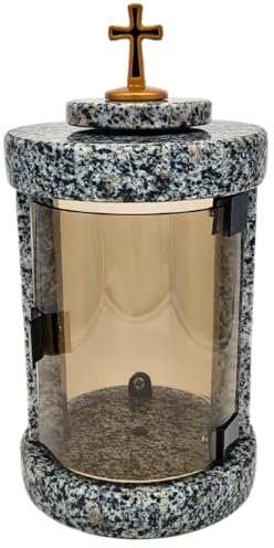 Grablaterne Friedhof wetterfest – Handgefertigte Grablampe aus Granit (6 kg), 30x16x16 cm, für Kerzen bis Ø 8 cm & 16 cm. Schwarz, Grau, Rot. Mit oder ohne Gedenkseite (Grau ohne Gedenkseite)