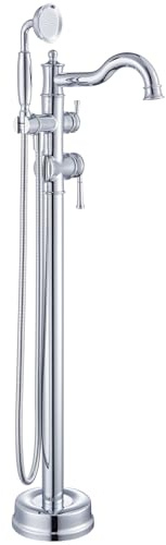 Qinkell QC-202511CP Robinet de baignoire autoportant classique et élégant à col de cygne avec pulvérisateur en laiton de luxe à montage au sol pour baignoire romaine à haut débit, poli
