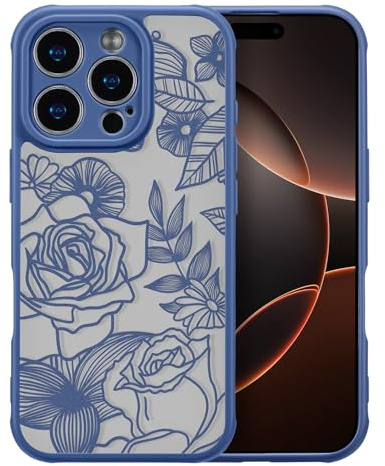 XIZYO Aesthetic Rose Flower Case for iPhone 16 Pro Max 6.9 Inch, Blue | Cute Rose Floral Pattern, Translucent Frosted Touch, Luxury Women Girly Design, Soft TPU, Slim Thin, Shockproof Anti-Yellow