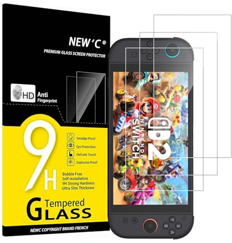NEW'C Lot de 2, Verre Trempé pour Nintendo Switch 2, Film Protection écran efficace contre les Rayures - sans Bulles - Ultra Résistant (0,33mm HD Ultra Transparent) Dureté 9H Glass