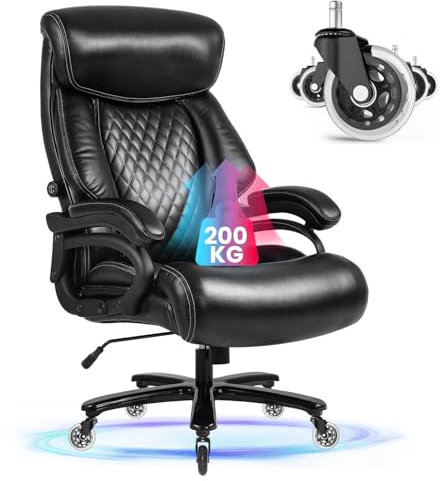 Bosmiller Bürostuhl Chefsessel 200kg XXL Ergonomischer Schreibtischstuhl Extra Breit Drehstuhl mit Verstellbare Lendenwirbelstütze aus PU Leder, Schwarz