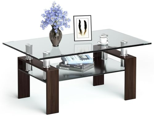 FANTASK Couchtisch Rechteckig, Beistelltisch aus Glas, Rechteckig Wohnzimmertisch mit Metallrahmen und unterer Ablage, Clubtisch Beistelltisch Ablagetisch für das Wohnzimmer und Büro (Braun)