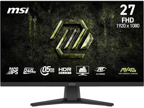msi MAG 272F X24 – Monitor Gaming 27 FHD (1920×1080), Rapid IPS, 240 Hz, 0,5 ms, HDR Ready, AMD FreeSync Premium, AI Vision, Eye Care, HDMI 2.0b, DisplayPort 1.2a, Design frameless, VESA, Nero