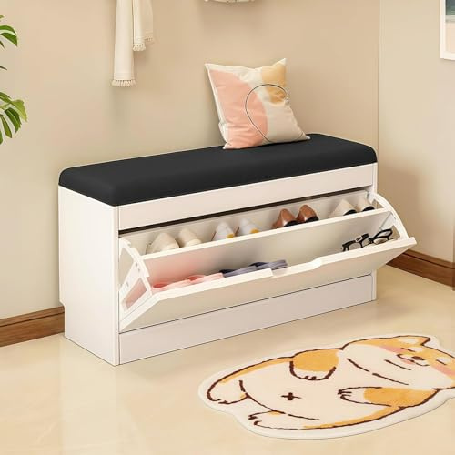 WUDLEP Shoe Storage Bench with Seat Cushion, 80 * 24 * 48 cm Narrow Shoe Cabinet with Flip Drawer, White Double Tier Shoe Rack Supports 300Lb, for Hallway, Porch, Entrance Hall and Entry
