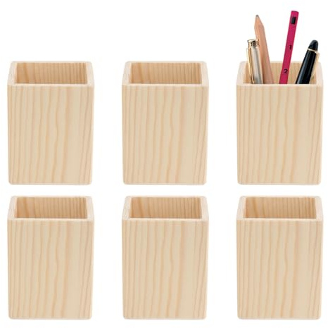 MerwDeeyt 6Pcs Wooden Pencil Holder 8x10cm Square Unfinished Pen Pots | Wooden Pencil Organizer, Desktop Organizer Storage, Cosmetics Display, Pen Pot, for DIY, Home, Office, Desk Accessory