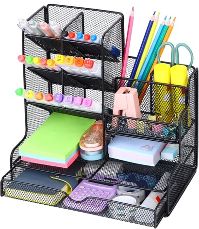Alyvisun Organizer da Scrivania con Cassetto, Organizzatore da Scrivania a 12 Scomparti con Griglia, Organizer Scrivania Ufficio per Casa, Scuola, Cancelleria, Accessori