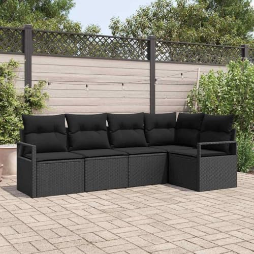 Frdhee Eck Sofa Gartenmöbel Set Couch,Garten Sofa Set mit Kissen mit Speicher 5 pcs Schwarz,Für Balkon Terrasse Garten,Einfach Zu Montieren,Frei Kombinierbar