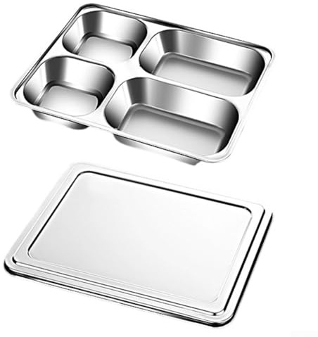 Edelstahl geteilter Speiseteller mit Deckel für Erwachsene, 4 Fächer oder 5 Fächer Layout für Mahlzeiten, Portionierung und einfache Reinigung (A)