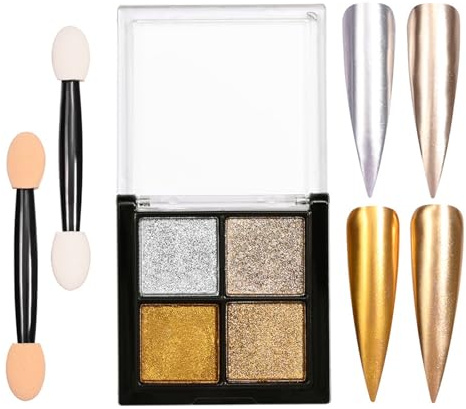 PYRUVAE 4 colores Cajas Efecto Espejo Uñas Polvo, Polvo de Uñas de Cromo, Efecto Espejo Uña-s Dorado, Pol-vo Uñ-as Efec-to Perlado, para Decoración de Uñ-as Manicura Nail Art