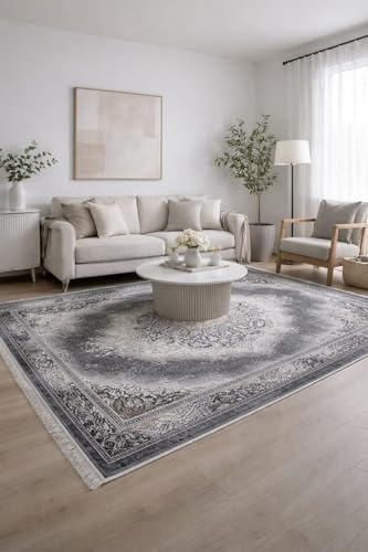VIMODA Teppich Kurzflor Moderner Teppich mit Ornament-Muster – Pflegeleicht & Robust – Für Fußbodenheizung geeignet,Farbe:Grau;Maße:80x150 cm