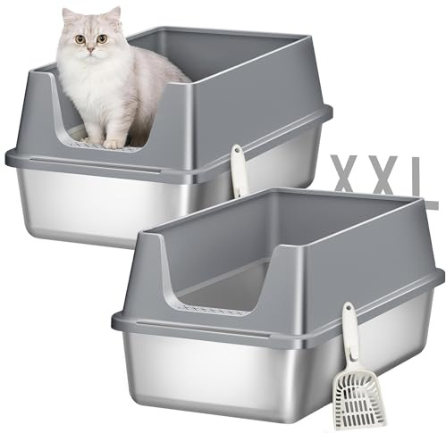 Fobyfurny Katzenklo Edelstahl 2er Set, XXL Groß Katzentoilette, Dunkelgrau