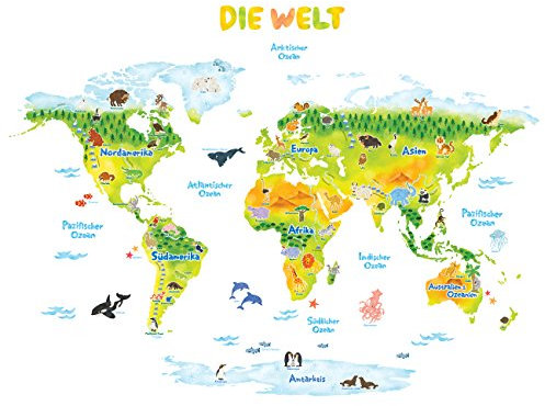 DECOWALL DMT-1715SDE Weltkarte Tierweltkarte Tiere Wandtattoo Wohnzimmer Schlafzimmer Kinderzimmer (Deutsche Ver.)
