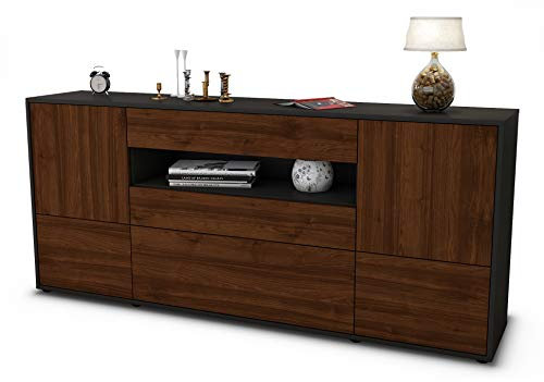Stil.Zeit Sideboard Elvira, Korpus anthrazit matt, Front Holz-Design Walnuss (180x79x35cm) Push-to-Open Technik & Leichtlaufschienen