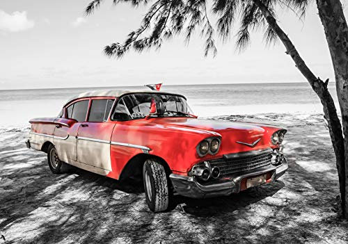Forwall Fototapete Vlies Wanddeko Auto Oldtimer - Rot Strand Palmen Kuba Havanna Vliestapete Wand Tapete Moderne Wohnzimmer Schlafzimmer Wanddekoration 13334V8 368cm x 254cm