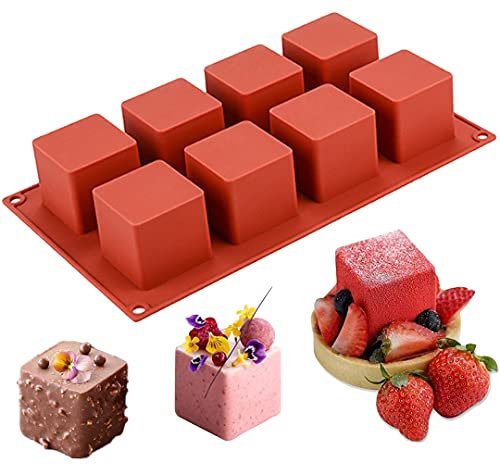 JOERSH Cube Cake Silicone Mold | 2 x 2 x 2 3D Square Mousse Cake Baking Mold, French Dessert Molds for Chocolate, Jello, Brownie Bites, Ice Cream Cube, 8-Cavity