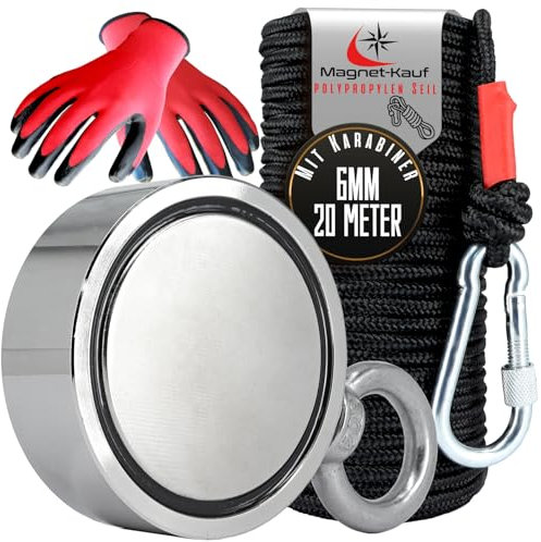 Neodym Bergemagnet Set - Doppel Magnet Ösenmagnet M10 mit 20m Seil und Karabiner Haken - 75mm Magnetfischen 400KG Stark - Magnetangeln - Angeln Suchmagnet Schatzsuche - 1 Gewinde Öse