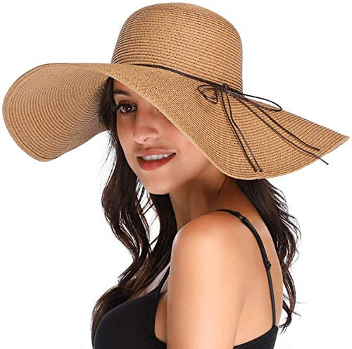 DRESHOW Femme Capeline Chapeau de Paille Chapeau à Large Bord Casquettes Anti-Soleil Respirant Anti UV Chapeau de Paille Plage Chapeau de Soleil UPF,Taille unique,Style D-khaki