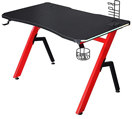 HOMCOM Mesa Gaming 120x66 cm Escritorio Gaming con Luz LED RGB y Control Remoto Portavasos Gancho para Auriculares Soporte para Mandos Gamepad Negro y Rojo