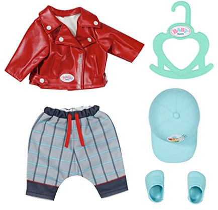 BABY born Little Cool Kids Outfit, 4 teiliges Set bestehend aus roter Jacke, karierter Hose, Mütze und Schuhen für 36 cm Puppen, inkl. Kleiderbügel, 832356 Zapf Creation