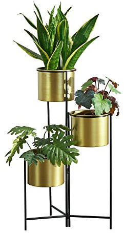 [en.casa] Support de Plante Design à 3 Cache-Pots Pot de Fleur Rond Porte-Plante Pliable Vase Intemporel Métal 80 x 45 x 45 cm Laiton Noir