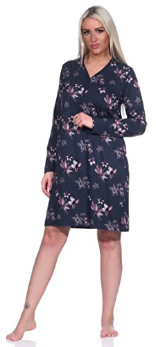 Normann Damen Nachthemd Langarm Sleepshirt in floralem Design - auch in Übergrössen, Farbe:Marine, Größe:40/42