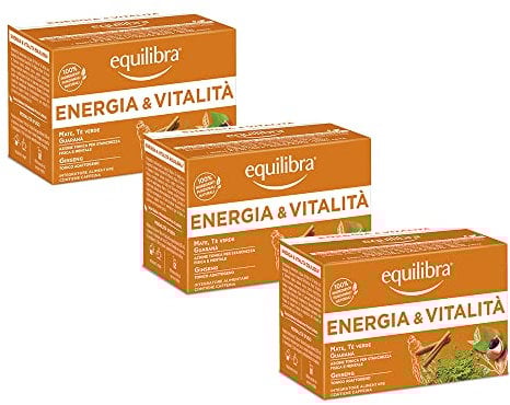 Equilibra Integratori Alimentari Tisane, Tisana Energia e Vitalità, 100% Ingredienti Funzionali Contro la Stanchezza, con Mate, Tè Verde e Guaranà, Materiali 100% Riciclabili, 3 Pezzi da 15 Filtri