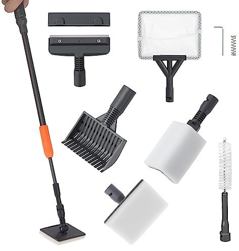 Coolty 6 in 1 Fish Tank Cleaner Aquarium Cleaning Tool with Long Telescopic Handle, Scraper, Fishing Net, Sponge Cleaning Brush, Sand Rake for Fish Tank Maintenance