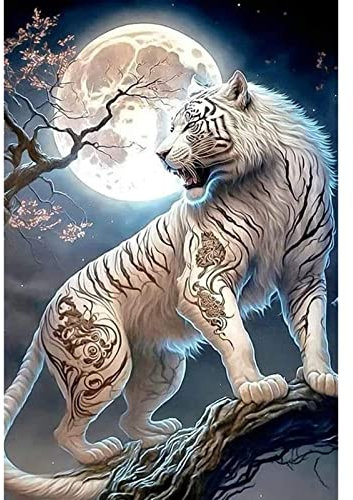NAIMOER Weißer Tiger Diamond Painting, 5D Diamant Painting Tiger und Mond Bilder Erwachsene, DIY Tiere Diamond Painting Bilder Diamant Malerei Set 30x40cm für Wanddekoration