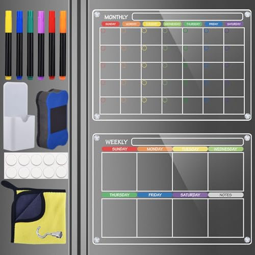 YARUI Coloured 2 Set Magnetic Fridge Calendar, 17x12 Acrylic Magnetic Calendar for Fridge with 6 Markers, Reusable Clear Acrylic Fridge Planner, Fridge Calendar 2024 Magnetic Fridge Board for Menu