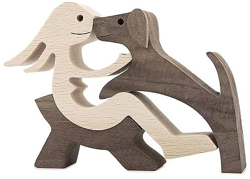 Rhinenet Wood Decoration Statue Family Puppy Cat Wooden Carving Ornaments Handmade Wood Decoration Cute Puppy Statue Sculpture Collectible Figurine Craft Arts for Home Office Living Room (Women+Dog)