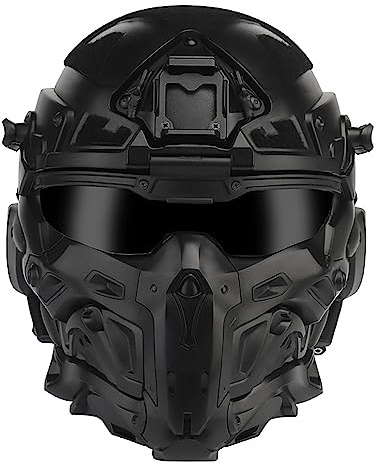 iMeshbean Tactical Airsoft Helmet with Paintball Full Face Mask Built-in Headset Goggles and Anti-Fog Fan for Outdoor CS Hunting Gear, Black
