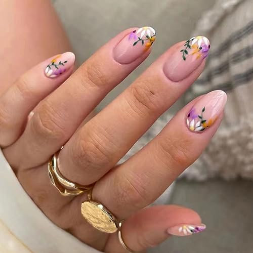 JUSTOTRY 24 Pcs Violet et Blanc Amande Faux Ongles Court Motif,Floral French Press on Nails Courts,Nude Ovale Faux Ongle avec Colle Pour Femme et Ado,Almond Faux Ongles à Coller Nail Art