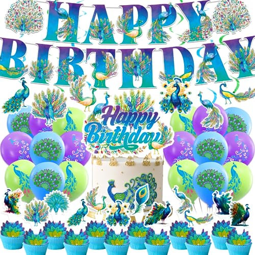 Pfau Party Dekorationen - Zoo Vogel Thema Mit HAPPY BIRTHDAY Banner, Hängende Wirbel, Kuchen Cupcake Toppers, Ballons für Geburtstag