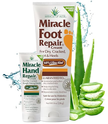 Miracle Foot Repair Cream, 8 oz + 1 oz Miracle Hand Repair, Healing Aloe Vera Lotions for Dry, Cracked Hands and Feet (8 oz Foot Cream + 1 oz Hand Cream)