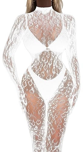 CHICTRY Women's Fishnet Lingerie Bodystocking See Through Hollow Out Unitard Bodysuit Jumpsuit White One Size