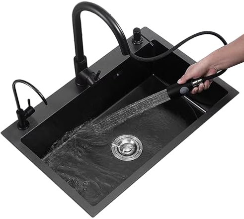 Fregadero de cocina de acero inoxidable, grifo extraíble negro, fregadero de una sola taza, accesorios completos (80 x 50 x 20 cm)