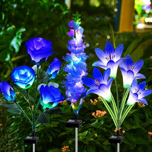 Solar-Gartenlichter, 3 Stück, Solar-Blumenlichter mit Lilien-Rosen-Rittersporn, wasserdicht, Gartengeschenke für Mutter, Oma, Frauen, mehrfarbwechselnde Solar-Außenleuchten für Garten, Hof, Terrasse,