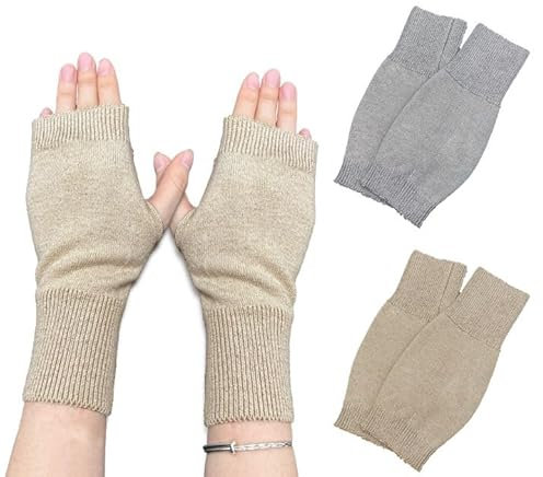 EUPSIIU 2 Paar Halb Fingerlose Handschuhe, Winter Gestrickte Handschuhe für Damen, Armhandschuhe Handgelenk, Warm Strick Fingerlose Handschuhe, Armwärmer Stulpen für Damen (Tawny, Gray