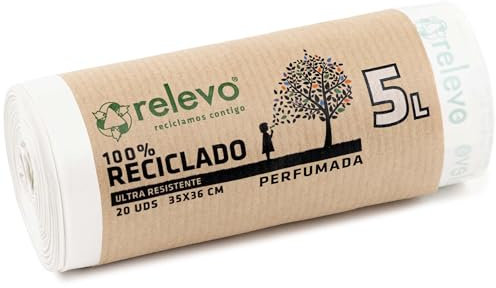Relevo 100% Reciclado Bolsas Basura Perfumadas, extra resistentes 5 L, 20 bolsas con autocierre