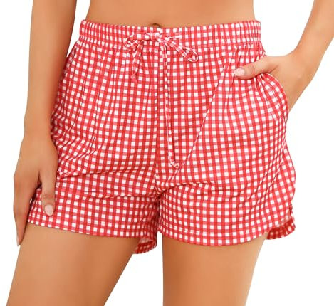 Wikoan Bas de Pyjama à Carreaux Femme Ete Short de Nuit avec Taille élastique Short de Pyjama Léger décontractée Shorts Rouge S