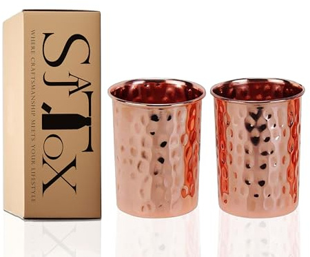 SAJTOX Pure Copper Tumblers for Drinking - Ayurvedic Health Pure Copper Cups – 2 pcs. set - 250 ml.(8 fl oz) (Hammered)